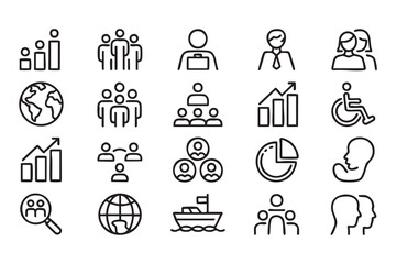 Fototapeta premium Teamwork and people analytics outline icons for business