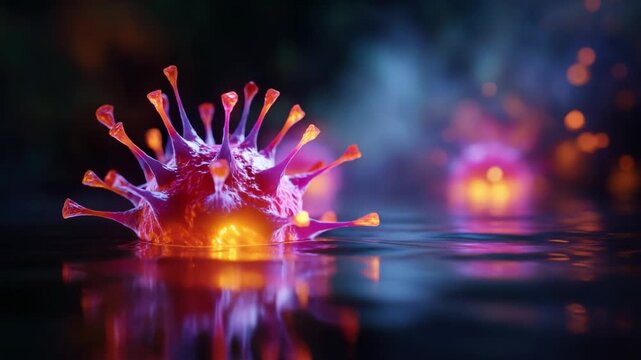 Vibrant Close-Up of a Microscopic Virus Representation with Pulsating Light Effects Beneath the Surface of Water, Highlighting Its Intricate Structure and Beauty