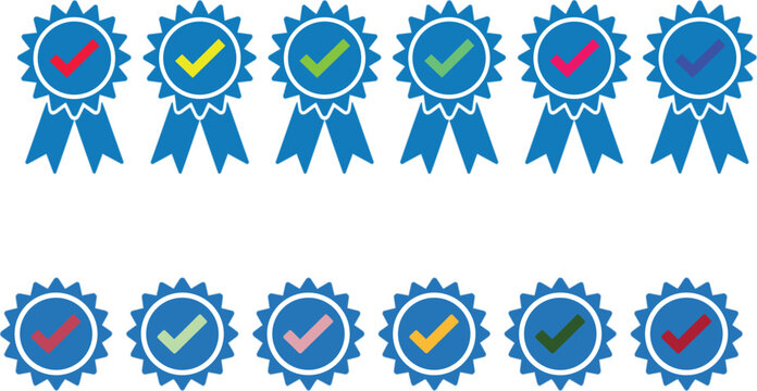 Set of blue award ribbon badges and quality guarantee stickers with colorful check marks for product certification and success flat vector illustration