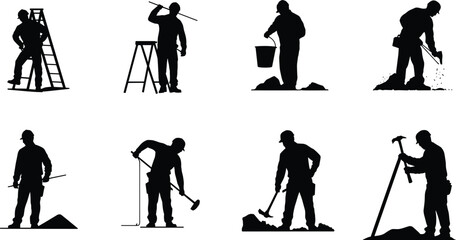 Black silhouette construction laborers set, workers digging building isolated on white background industry concept collection