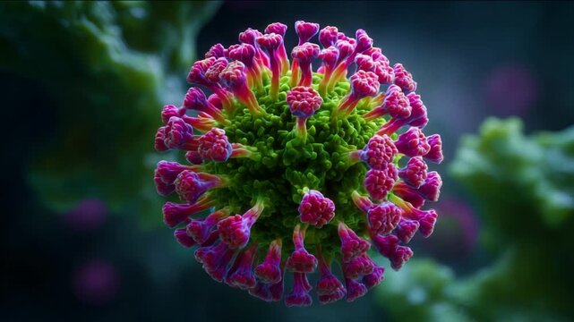 A Magnificent Close-Up View of a Colorful Microbial Structure Featuring Vibrant Pink and Green Elements Captured in Stunning Detail