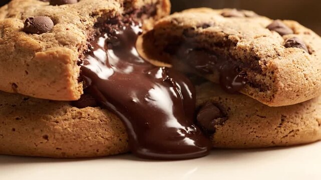 Chocolate chip cookies broken open revealing gooey chocolate center, close-up shot on a plain surface from a direct angle