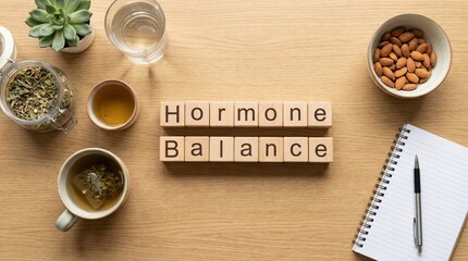 Wooden cubes spelling 'Hormone Balance' displayed on desk