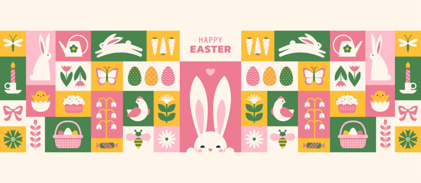 Easter wide horizontal greeting card, banner or header design with grid pattern. Spring holiday symbols and icons in mosaic ornament.