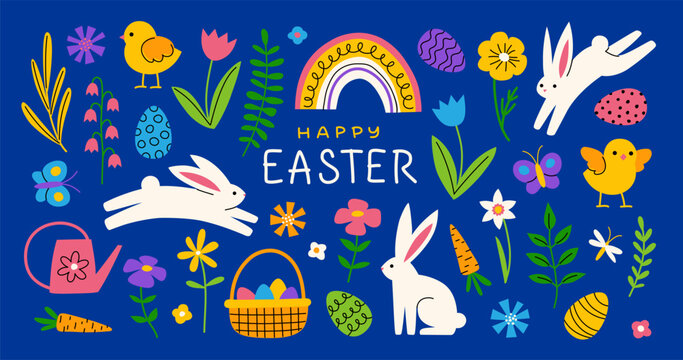 Cute colorful Easter design elements set. Hand drawn festive illustrations in playful style.