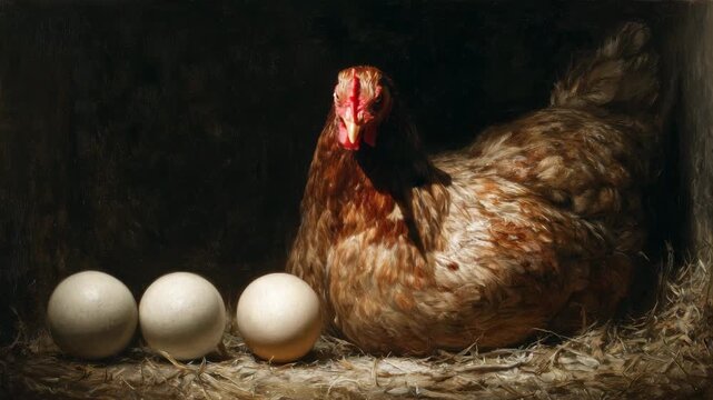 Farm chicken laying eggs close-up