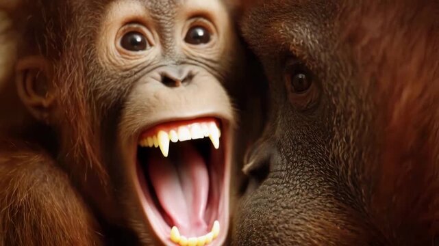 Orangutan mother and baby showing emotion