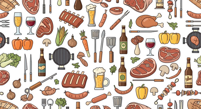 Seamless Barbecue Pattern Design with BBQ Meat, Vegetables, Beer, Wine, and Cooking Equipment Icons, Modern Minimal Flat Illustration Background