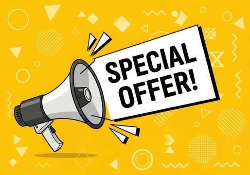 Vintage megaphone announcing special offer with yellow background and icons