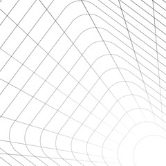 Tunnel with rounded corners receding into distance. Moving energetic grid structure of fine lines. Simple black and white dynamic vector background