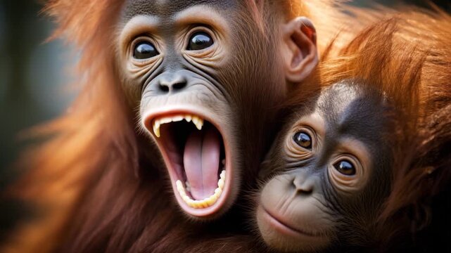 Orangutan mother and baby showing emotion