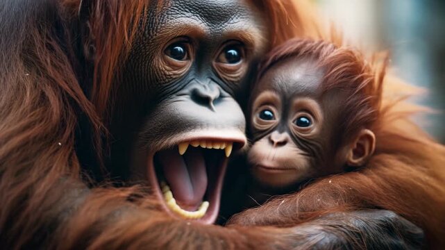 Orangutan mother and baby showing emotion