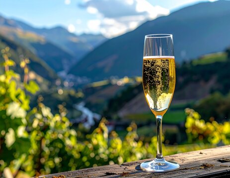 Tall champagne glass on a terrace overlooking a sunlit valley. Soft backlight and airy atmosphere, ideal for lifestyle, events, and premium beverage promos.