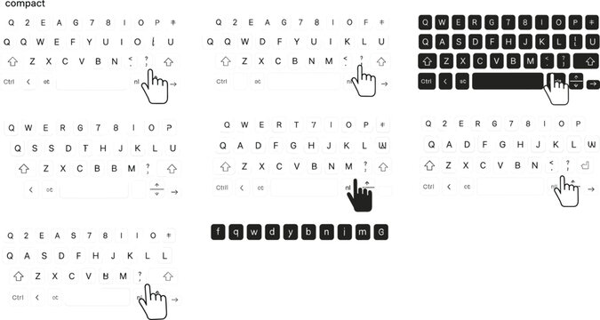 Professional compact digital keyboard set featuring virtual QWERTY layouts with touch hand gestures for mobile app interface design