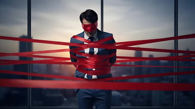 Business Man Blindfolded and Tied With Red Tape In Modern Office With Cityscape View At Sunset Showing Restriction and Stress