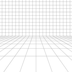 Part of digital room floor and far wall. Moving energetic grid structure of fine lines. Simple black and white dynamic vector background