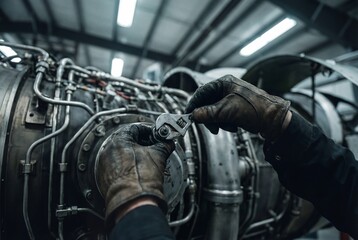 Obraz premium Professional mechanic hands in gloves repairing aircraft engine with wrench in industrial hangar