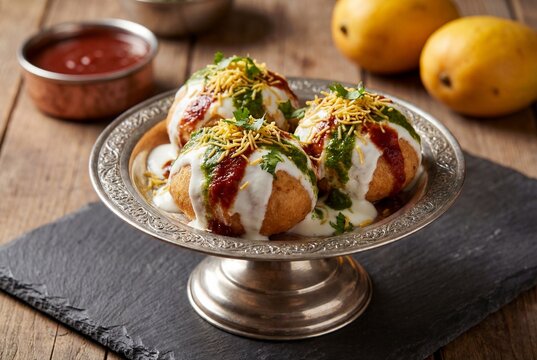 Dahi bhalla chaat with sweet yogurt and spicy chutney served on an ornate silver stand on wood