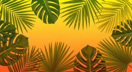 Obraz premium Vibrant tropical foliage with lush green palm leaves against a warm gradient background