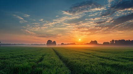 Naklejka premium Sunrise over green agricultural field with mist