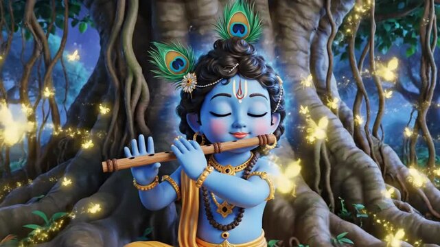 Little Krishna Playing Flute Under Banyan Tree Night Scene