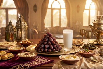 Fototapeta premium Luxurious iftar spread with dates milk and traditional dishes