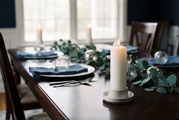 Fototapeta premium Elegant white pillar candle with a steady flame on a decorated dining table