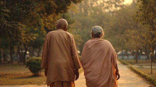 Affectionate senior indian couple walking down a park path in warm, golden hour light, captured from the rear.