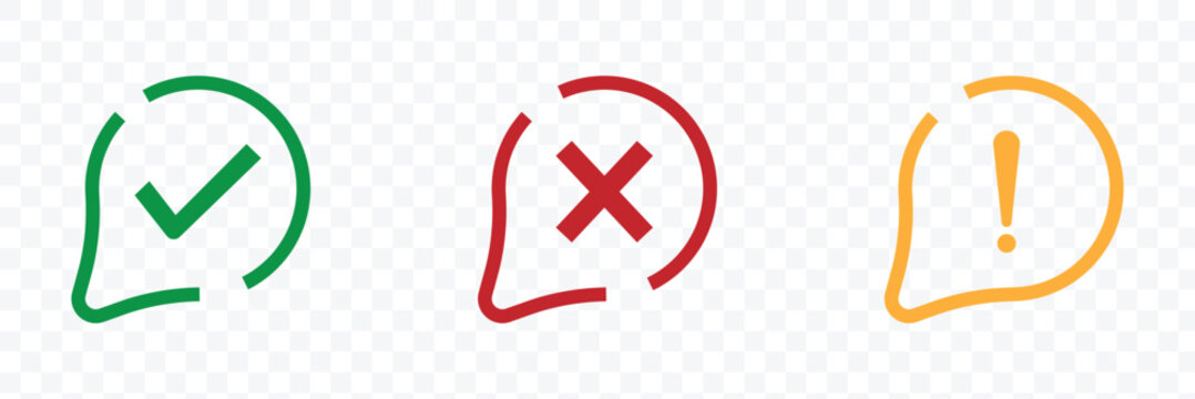 Check mark, exclamation point, X mark icons, buttons. Approve, reject and warning symbol. right , wrong and warning sign. eps 10