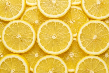 Obraz premium Fresh yellow lemon slices arranged in a dense vibrant pattern