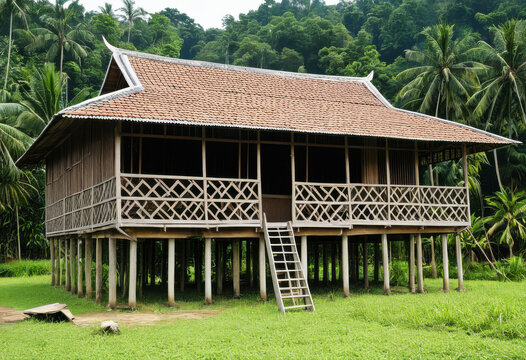 Malay kampung house in rural Malaysia, on piles with attap roof and open latticework