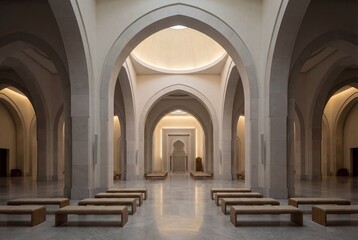 Fototapeta premium Majestic white mosque interior with high arches and wooden benches on polished marble flooring