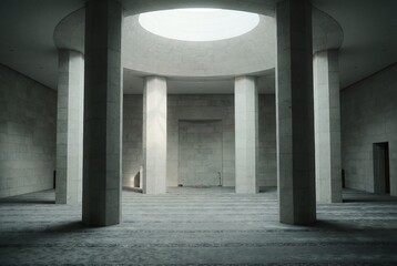 Fototapeta premium Minimalist mosque interior with tall stone columns and circular skylight illuminating the prayer hall