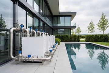 Row of modern white heat pumps with stainless steel pipes next to a swimming pool outside a building