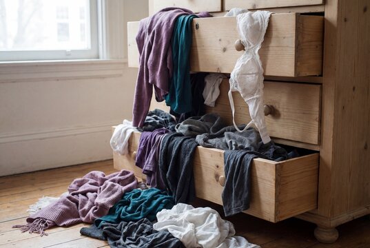 Messy wooden dresser with open drawers and clothes spilling onto the floor in a disorganized bedroom