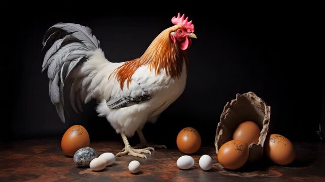 Hen guarding eggs in dark nest
