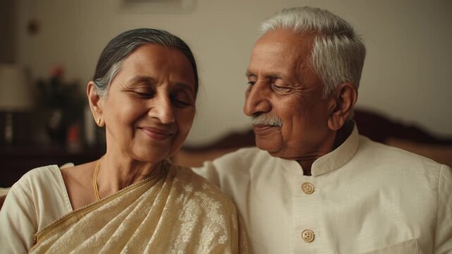 A warm, intimate close-up of an elderly indian couple smiling lovingly, captured in soft natural light indoors.