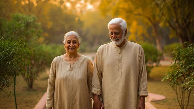 An affectionate, elderly indian couple walks down a peaceful park path, bathed in warm, soft golden natural light.