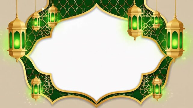 Beautiful Islamic ornate frame featuring golden lanterns with glowing green light, arabesque patterns, and empty space for text. Ideal for Ramadan, Eid Mubarak, and other cultural or religious...