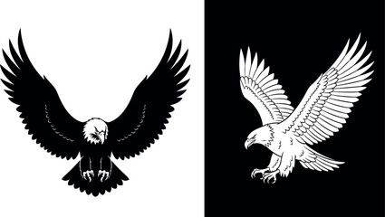 Obraz premium Bald eagle silhouette vector illustration set featuring a majestic bird of prey in flight with open wings isolated on black and white minimalist background backgrounds.