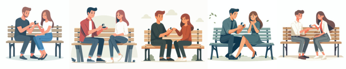 Fototapeta premium vector of couple sitting on park bench giving ring on Valentine's Day