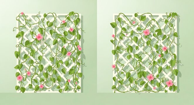 Elegant vector illustration of green climbing vines with delicate pink flowers on a white garden trellis. A fresh, botanical design perfect for spring and outdoor themes.