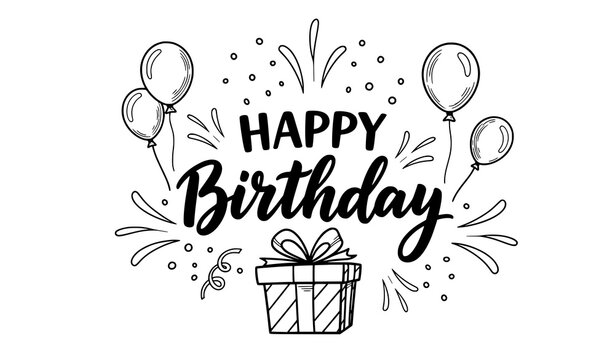 Hand drawn happy birthday calligraphy with doodle balloons confetti and gift box fun celebration vector isolated on transparent background