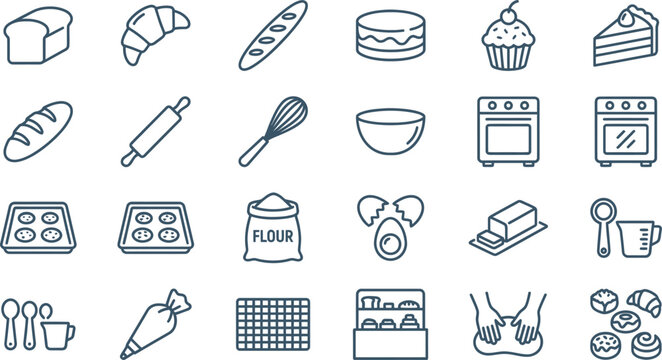 Comprehensive collection of baking and pastry line icons, showcasing kitchen tools, fresh ingredients, and delicious baked goods for culinary design