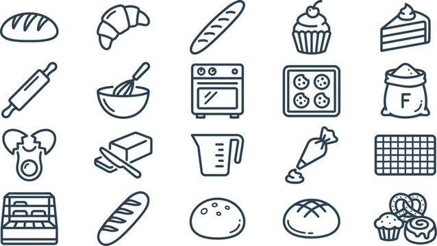 Clean Outline Baking Icons Set Depicting Pastry, Bakery Shop Elements, Food Preparation Tools, and Essential Ingredients