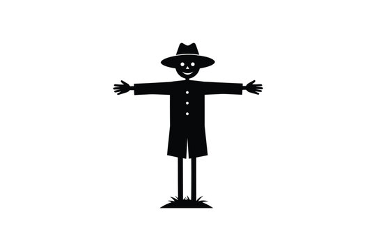 Black silhouette of a happy scarecrow wearing a hat, standing with arms outstretched in a field
