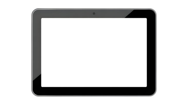 Black tablet computer with blank white screen on transparent background