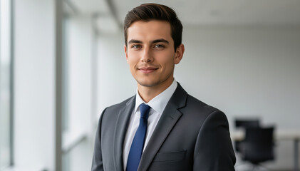 Fototapeta premium Poised Professional: A confident businessman, dressed in a sharp suit and tie, exudes an air of expertise and leadership, making eye contact with a composed smile, demonstrating his approachability.