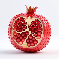 Fototapeta premium Carefully crafted pomegranate model created using small, interlocking plastic blocks in various shades on a white background showcasing bright red reflective pomegranates.