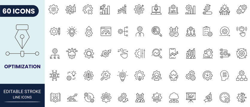 Optimization line icon set. Includes improvement, process, setting, setup, workflow, gear, control, automation, productivity and more. Editable stroke. Vector illustration.